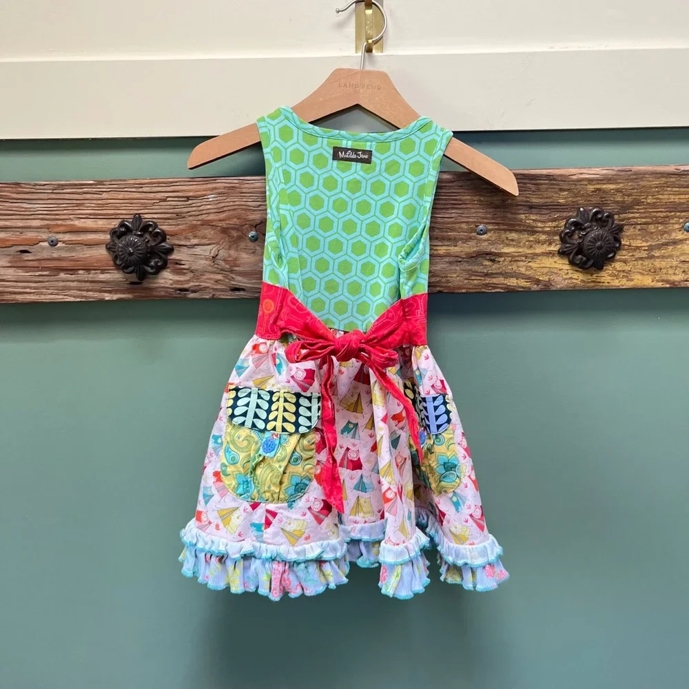 Matilda Jane Girls Size 2 Mixed Print Camping Tent Ruffle Dress Green Pink D1556